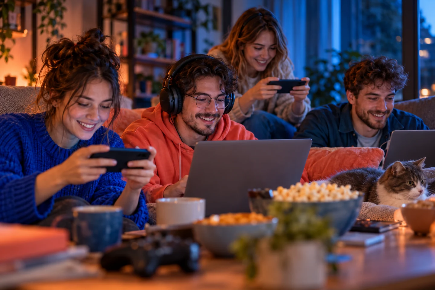 Компанія друзів спілкується з ноутбуками та смартфонами